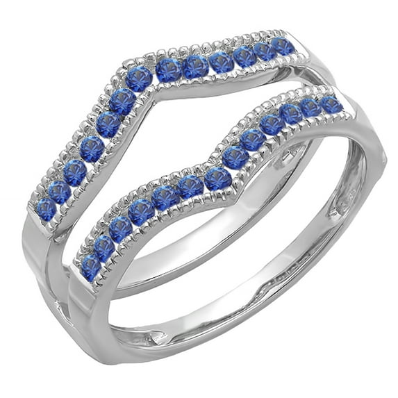 Dazzlingrock Collection 0.45 Carat (ctw) 18k Round Blue Sapphire Millgrain Wedding Guard Double Band 1/2 CT, White Gold, Size 8.5