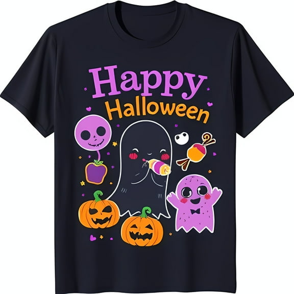 Spooky Smiling Ghosts & Pumpkins Graphic Black T-Shirt for Halloween Fun