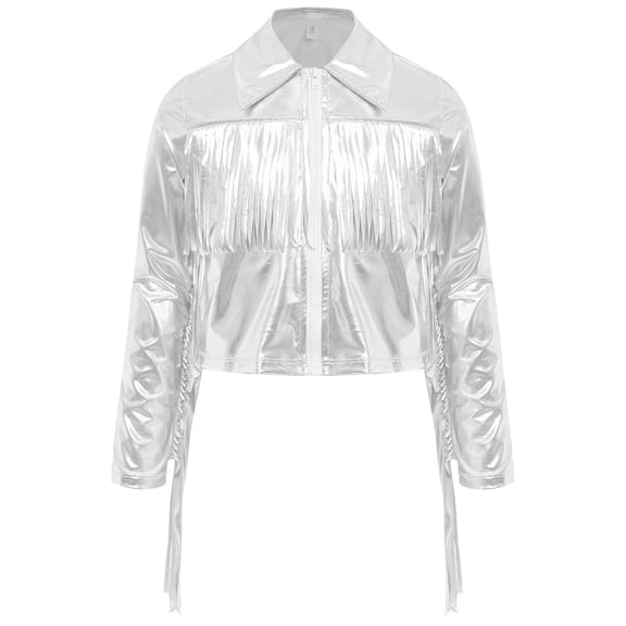 vastwit Kids Girls Shiny Metallic Tassels Fringed Cowgirl Jacket Long Sleeve 70s Party Disco Jazz Hip Hop Dance Tops Silver 8