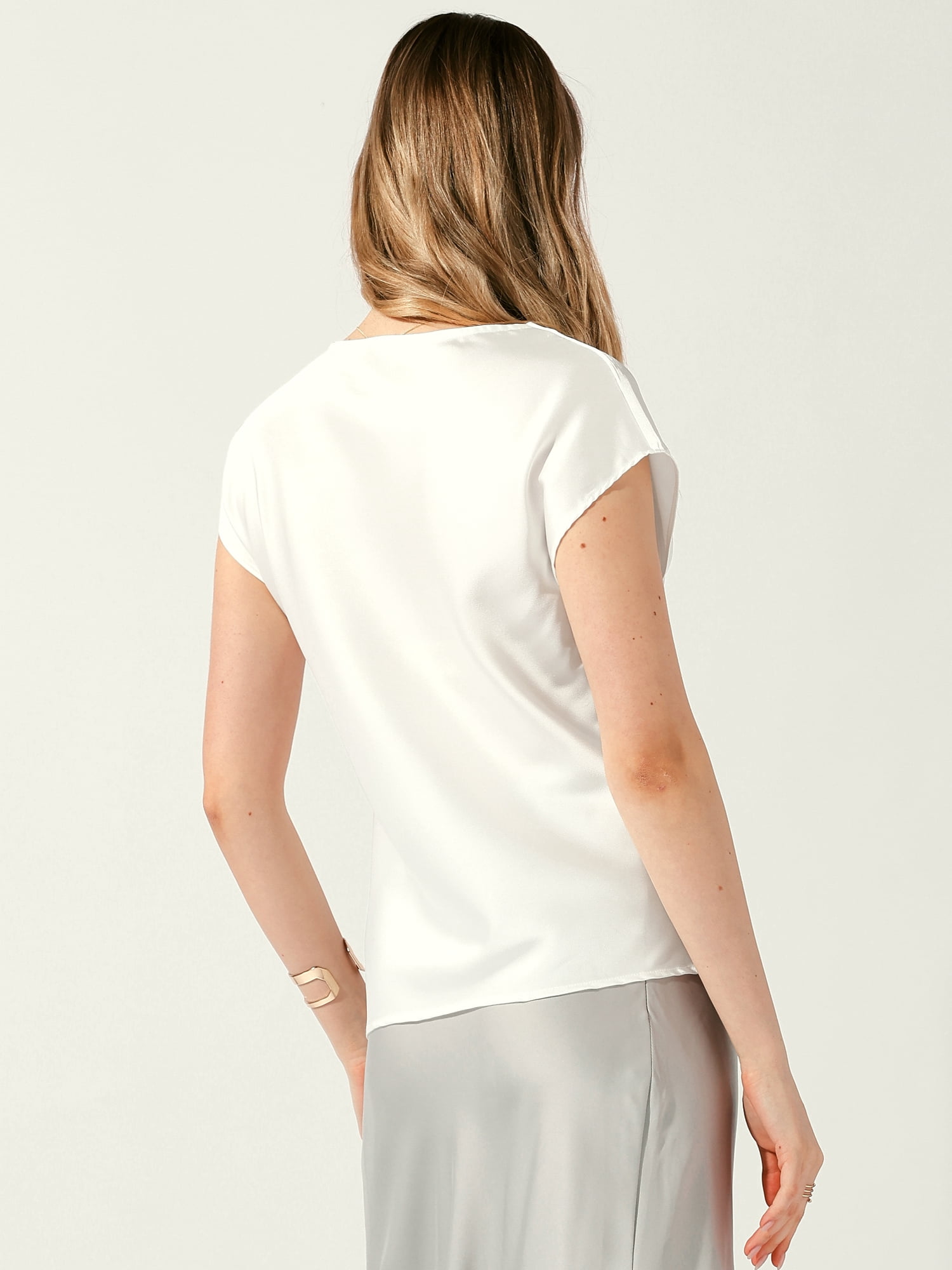 DARING DIVA Women's Satin Cowl Neck Short Sleeve Casual Blouses L White