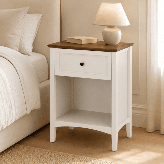 YAURA 26" Tall Farmhouse Nightstand with Drawer & Open Shelf, White and Walnut Bedside Table with Framed Drawer Front, Wood End Table for Bedroom & Living Room, 1 or 2 Pack