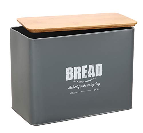 Metal Bread Bin Loaves Storage Canister Tins Countertop Space-Saving Gray-Coated Carbon Steel Safty Tight Seal Wood Lids 