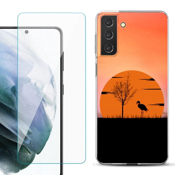 Slim-Fit TPU Fashion Phone Case for Samsung Galaxy S21 FE 5G Fan Edition, with Tempered Glass Screen Protector, by OneToughShield ® - Sunset Flamingo