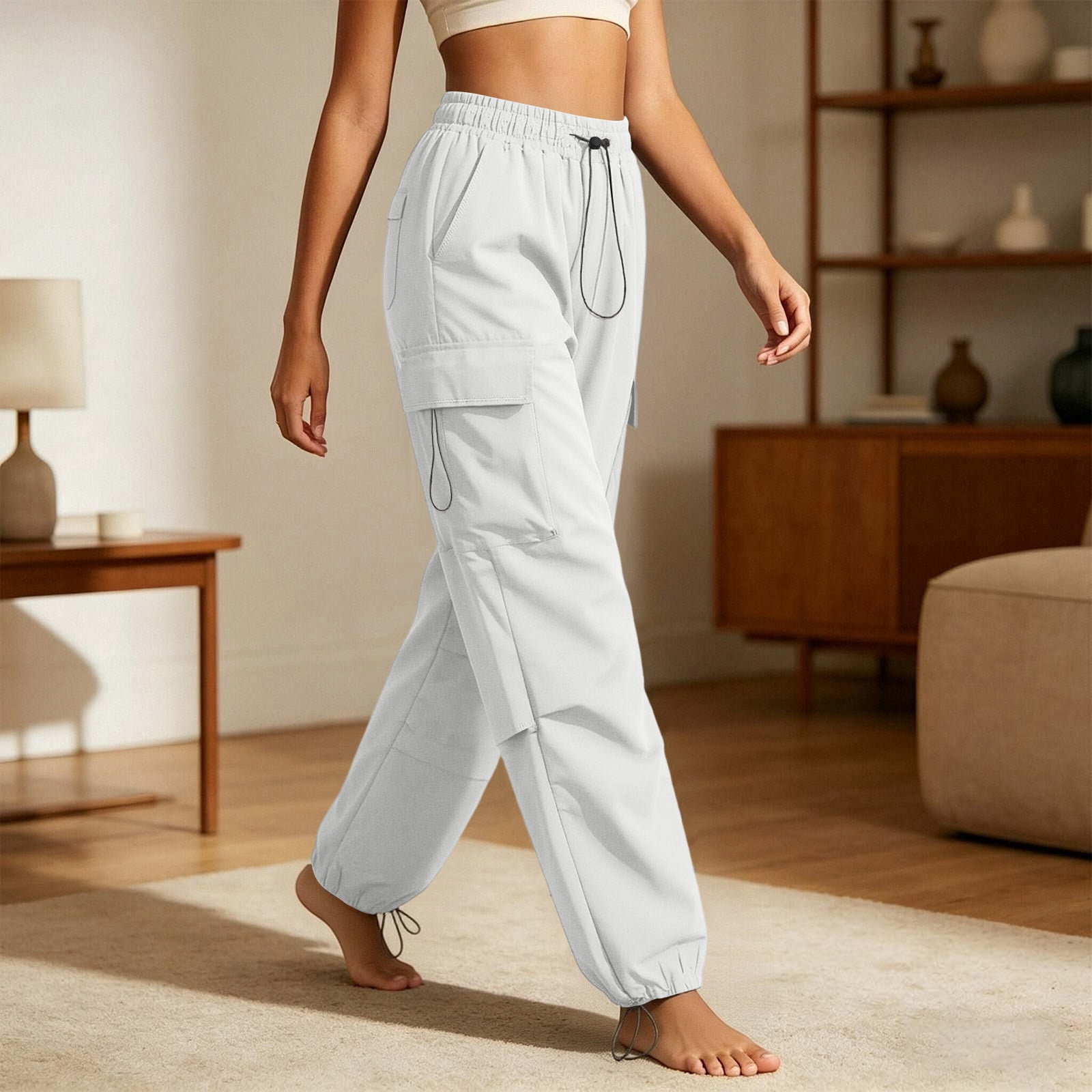 akafmk Womens Parachute Pants Cotton Cargo Pants Drawstring Waist