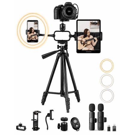 Acuvar Pro LED Ring Light Vlogging Kit for iPhone/Android Ipad Tablet & Camera with 50 Tripod Phone & Tablet Holder Mount Microphone & Bluetooth Remote for Live Stream Youtube Instagram Tiktok