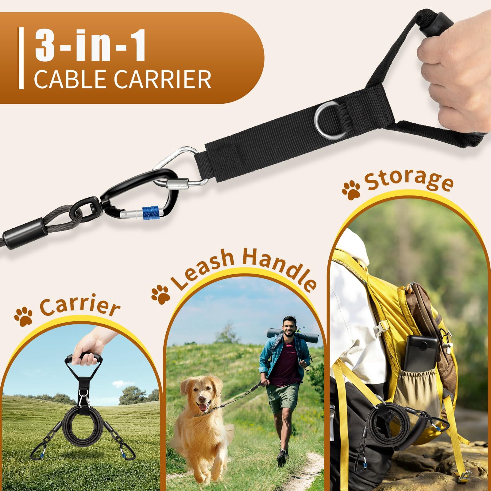 Heavy Duty Dog Tie Out Cable- Dog Leads for Yard & Camping, Rust Proof Leash Cable with Carrying Handle, No Tangle Tether for Medium to Large Dogs Up to 500lbs,20ft,Black