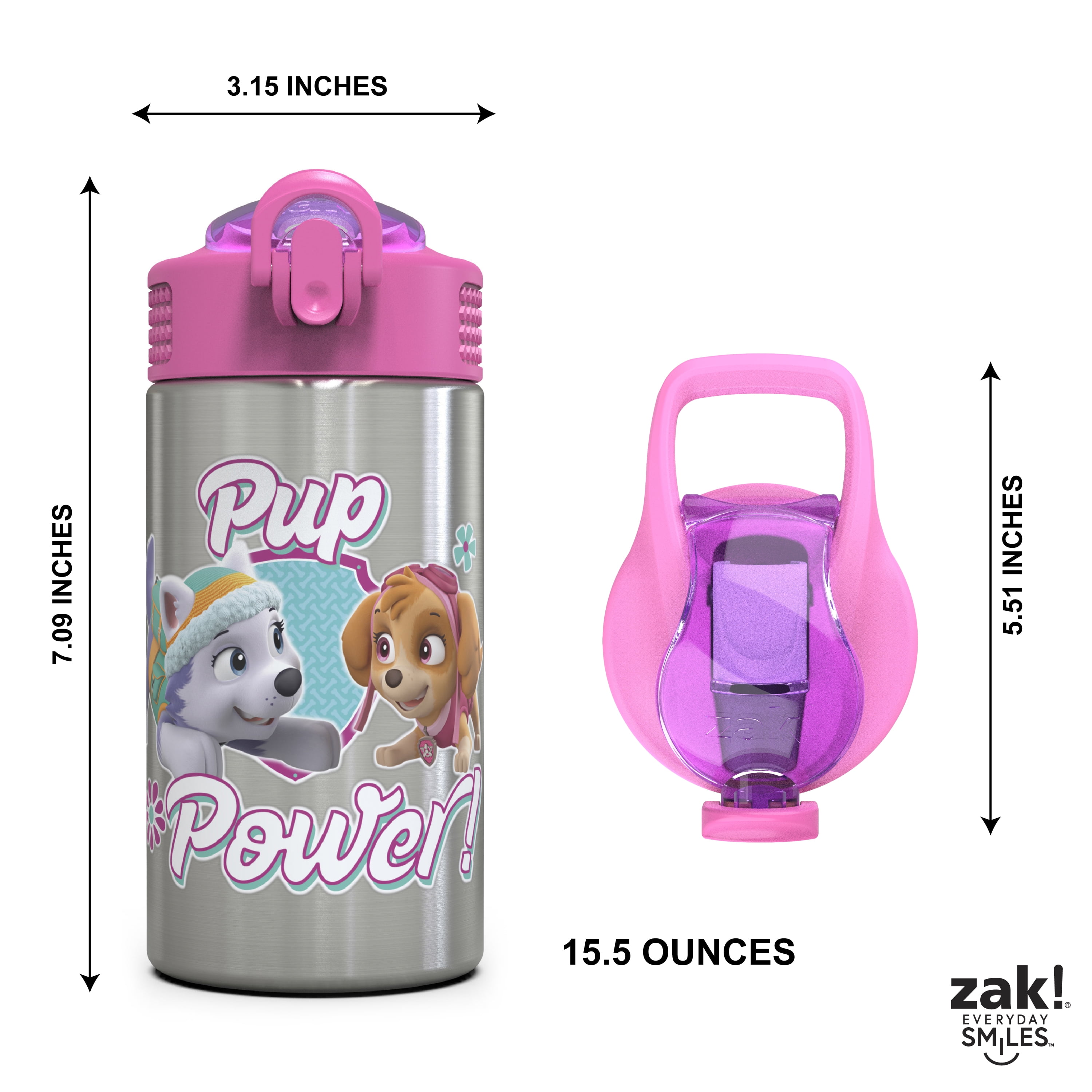 Zak Designs 15.5 oz Kids Water Bottle Stainless Steel with Push-Button Spout and Locking Cover, Paw Patrol Skye