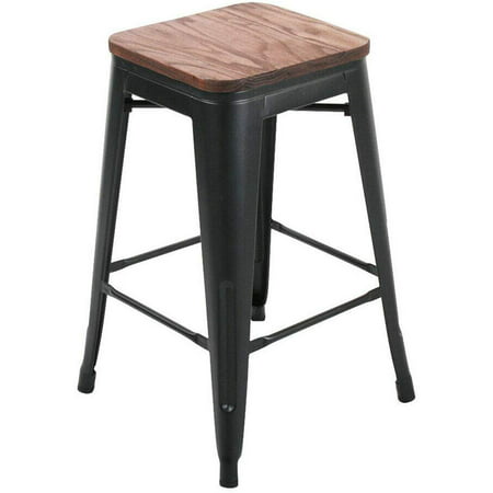 Metal Bar Stools With Wooden Seat, 24 Inch Black Wood Bar Stools