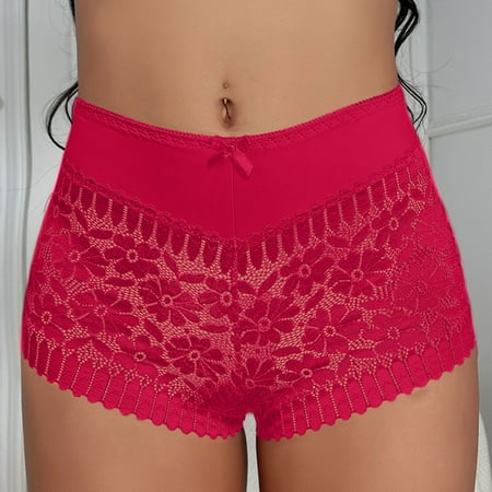 Sexy Seamless Underwear For Women Lace Boyshorts Panties Plus Size Underwear Women Mid Waist Soft Stretch Boy ShortsRedL