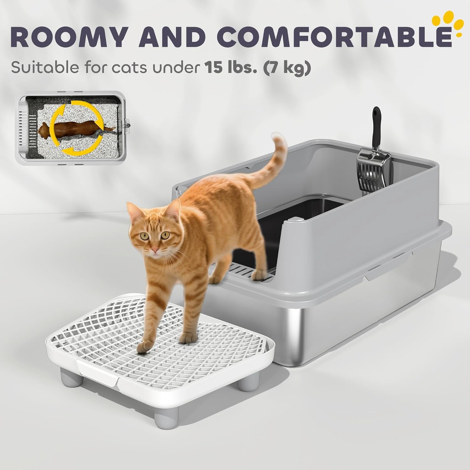 Stainless Steel Cat Litter Box, XL Kitty Litter Box for Big and Multiple Cats with High Wall Side, Scoop, Anti-Leakage, Easy Cleaning & Odour Free