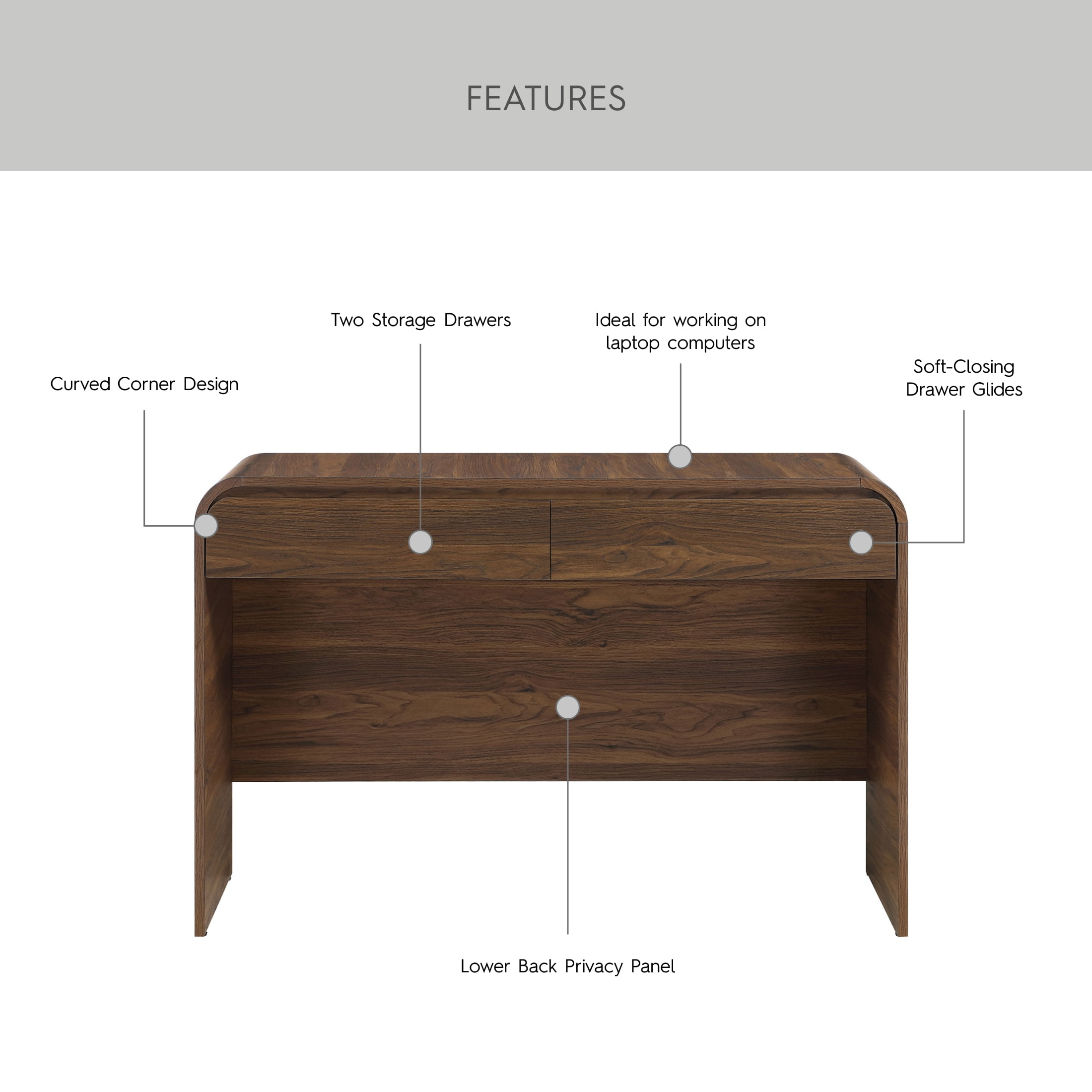 Better Homes & Gardens Juliet Curved Loft Desk with Storage, 19-inch depth, Walnut Finish