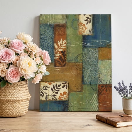 Modern Bohemian Canvas Wall Art Vintage Flowers Geometric Plaid Patchwork Framed Canvas Wall Decor Picture Print Artwork Decorations for Living Room Office Ready to Hang 32 x 24
