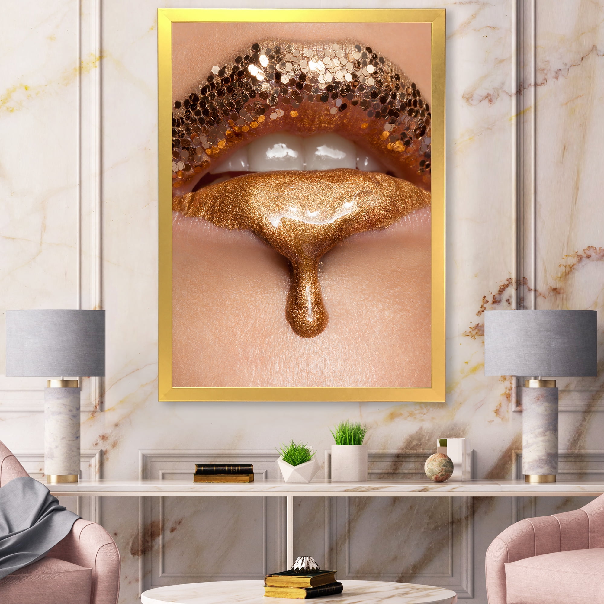 Designart 'Close-Up Of Woman Make-Up Of Gold Liquid Lips' Modern Framed Art Print