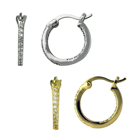Brilliance Fine Jewelry Adult Simulated Diamond Duo Hoop Earring Set in Sterling Silver and 14KT Gold Plated Brilliance Fine Jewelry Adult Simulated Diamond Duo Hoop Earring Set in Sterling Silver and 14KT Gold Plated