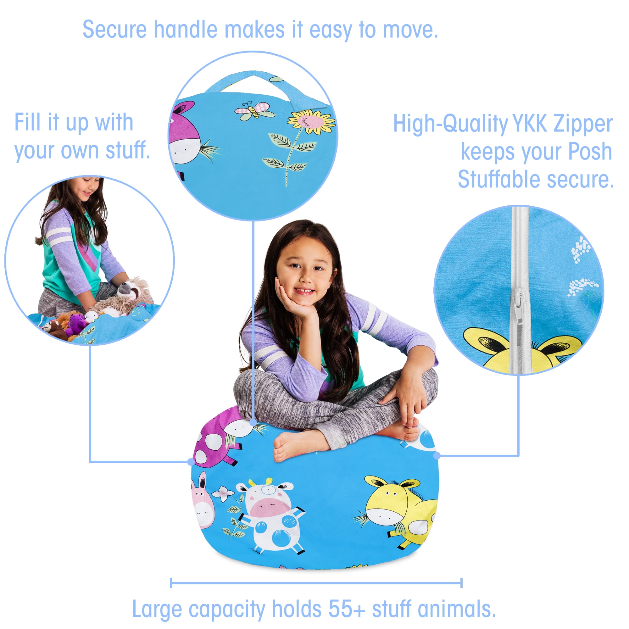 Posh Creations Bean Bag Stuffable Cover Only-Toy Organizer, Canvas,Kids, 2 ft, Farm Animals on Blue