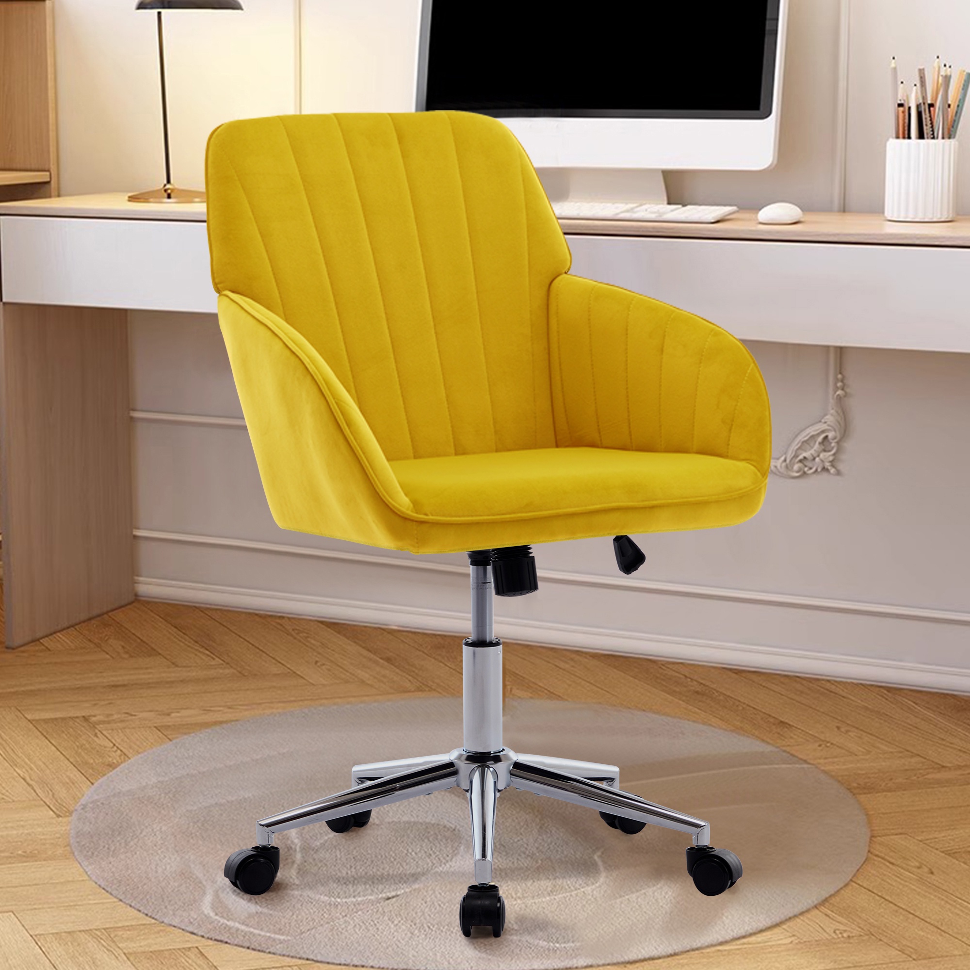 PORKISS Vanity Chair, Swivel Home Office Chair, Ergonomic Desk Chair with Silver Metal Base, Adjustable Height, Velvet Upholstered Task Chair, Bright Yellow