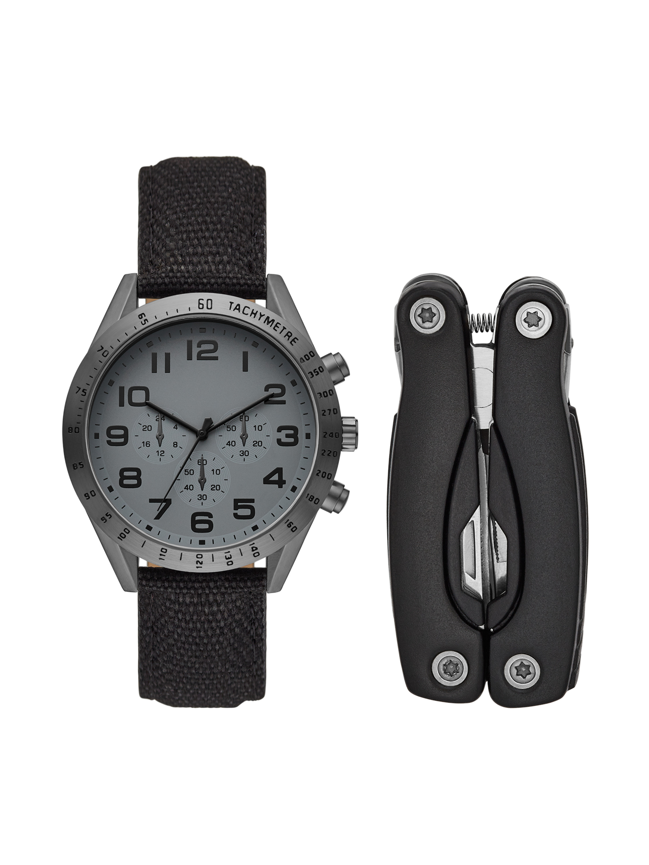 Mens Gunmetal Round Analog Watch with Black Multi-tool and Travel Bag