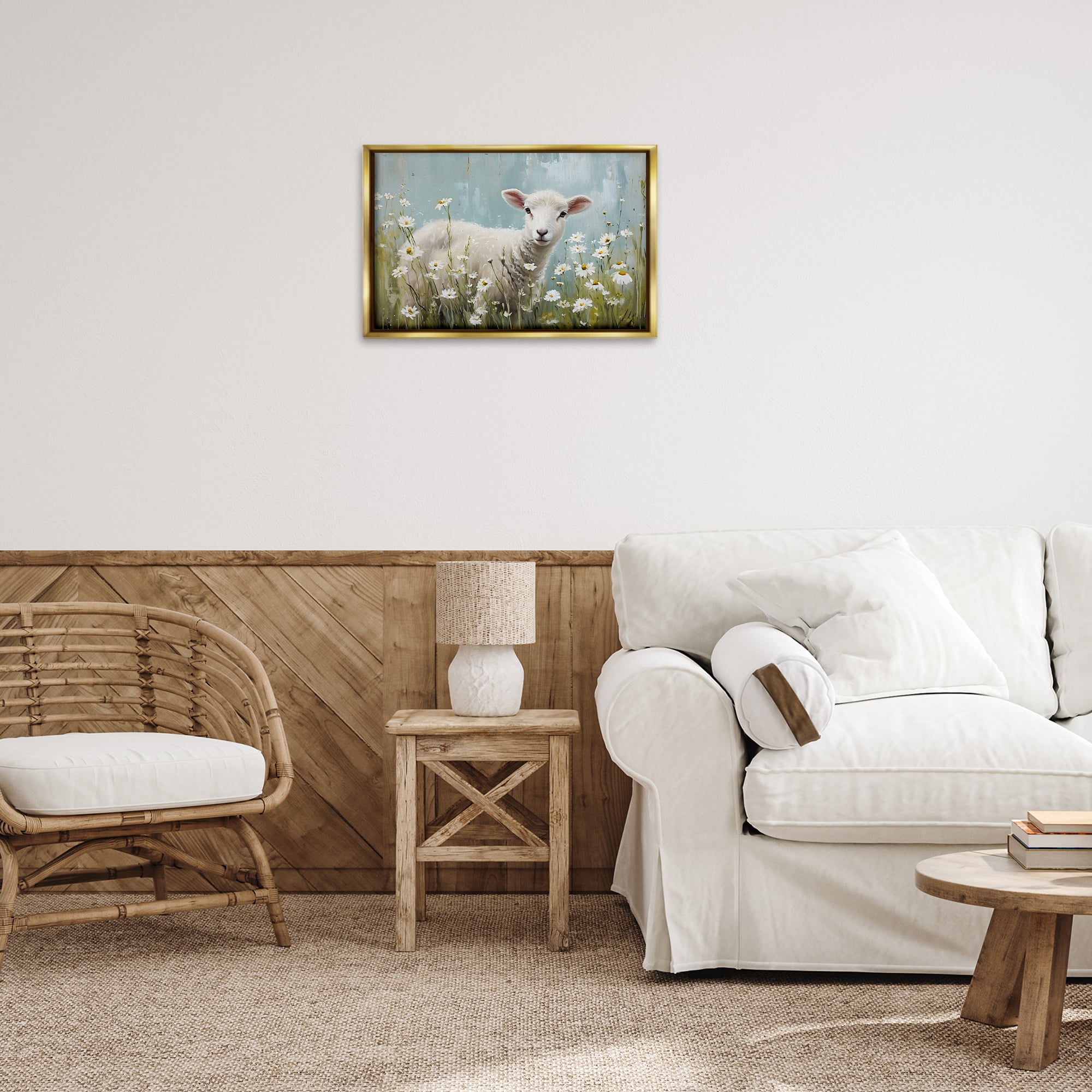 Stupell Industries Lamb Among Daisies Animals & Insects Painting Gold Floater Framed Canvas Art Print Wall Art, 25 x 17