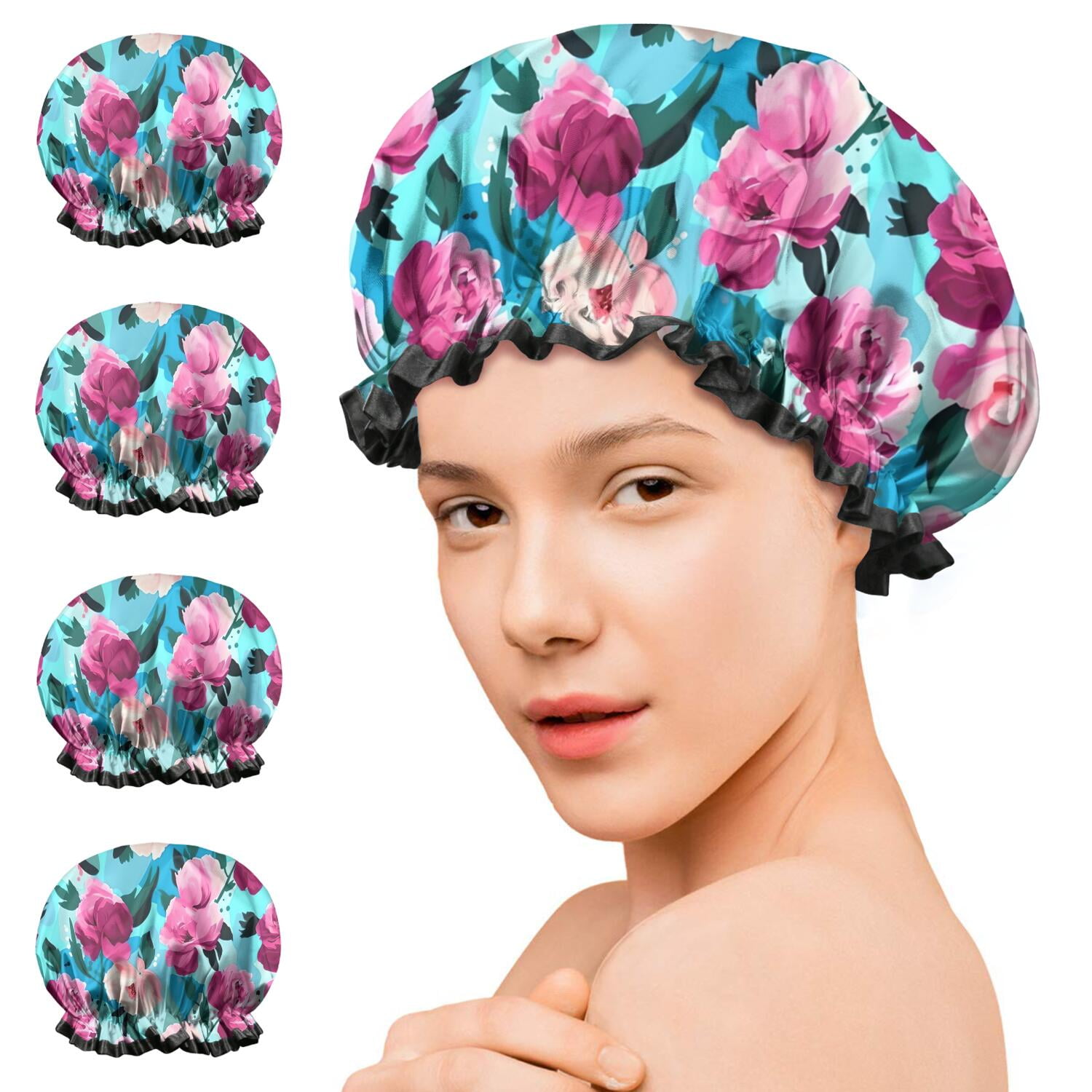 Shower Caps,Pioneer Flower Floral Print Pattern Waterproof Shower Cap for Women 4 Pieces,Double Reusable Hair Cover for Shower PEVA Elastic Stretch Hem