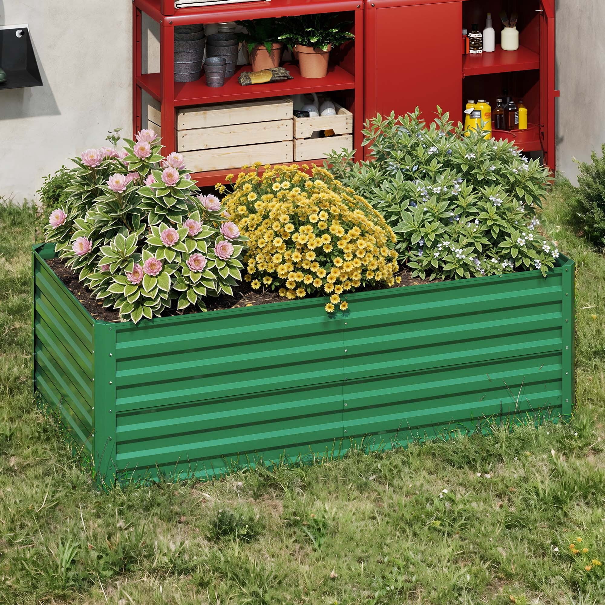 Uforic 6X3X2FT 1 Pack Galvanized Metal Raised Garden Bed Kit with Gardening Gloves & Support Rod, Outdoor Above Ground Planter Box for Plants Vegetables Flowers, Green