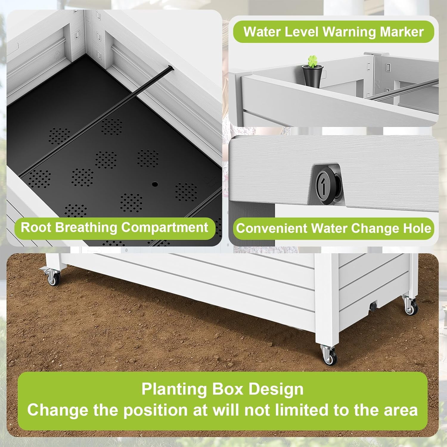 Raised Garden Bed with Lockable Wheels Outdoor - Ashen Gray Resin Planter Box for Vegetables, Herbs, Flowers on Patio, Balcony, Backyard