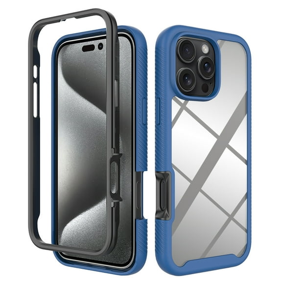Back Case for iPhone 15 Pro, Luxury TPU Front Frame PC Clear Back Full Body Shockproof Hybrid 2 In 1 Anti-Scratch Anti-Slip Protective Phone Cover Case for iPhone 15 Pro, Darkblue