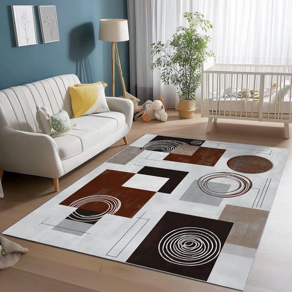 Washable Rug Mid Century Modern Carpet for Living Room Office Bedroom, Geometric Abstract Area Rugs, Non Skid Low Pile Soft Rug, Boho Rugs, Indoor Floor Rug for Home Decor-3' x 4'