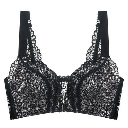 

Plus Size Front Buckle Lift Lace Bra Push Up Wireless Padded Bra for Women 36 Black D