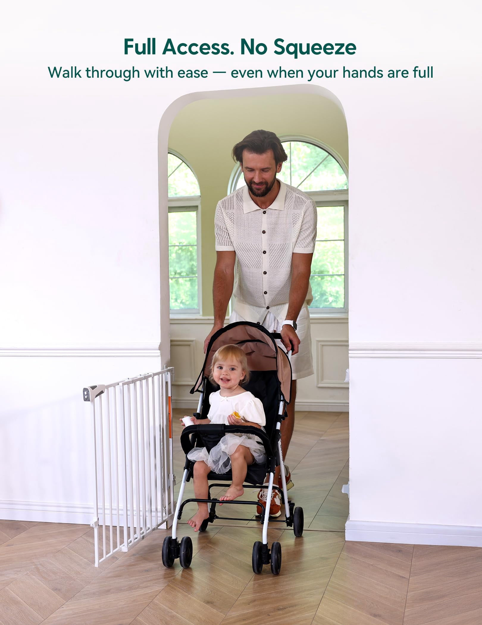 Gate for Stairs & Doorways, 26-43" W 34" H Extra Tall| No Bottom Bar| Easy Installation| One-handed Operation| Auto-close| Hardware Mount (Drill Needed) Safety Dog/Pet Gate Indoor (White)