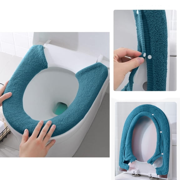 dwsnxt Soft and Warm Toilet Seat Cover with Snaps, Stretchable and Washable Fiber Cloth Pad, Reusable for Elongated and Round Toilets, Easy Installation and Cleaning, Blue Navy