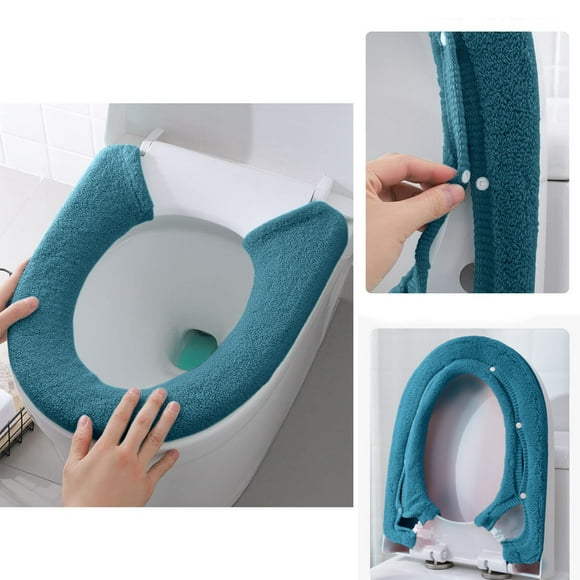 Reusable Stretchable Toilet Seat Cover - Soft, Washable, Warm Bathroom Pad with Snaps - Fits Round & Elongated Toilets (15.7x19.7in) - Navy, Blue, Gray, Purple, Pink, Dark Gray