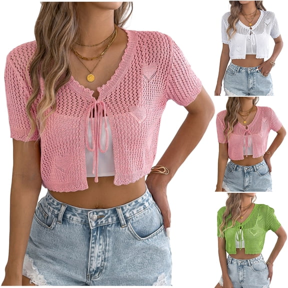 Felirenzacia Women Crochet Shrug Sweater Tie Front Knit Bolero Shrug for Dress Short Sleeve Cropped Cardigan Pink,L