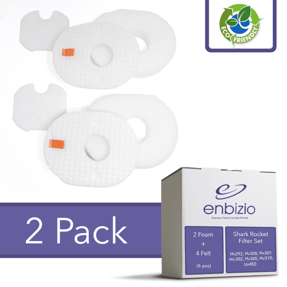 Enbizio Vacuum Filter Replacement 2 Pack - Shark Rocket HV292, HV300, HV300W, HV301, HV302, HV303, HV305,  HV308, HV310, UV450 Compatible Foam / Felt Kit , Replaces Shark Part XFFV300