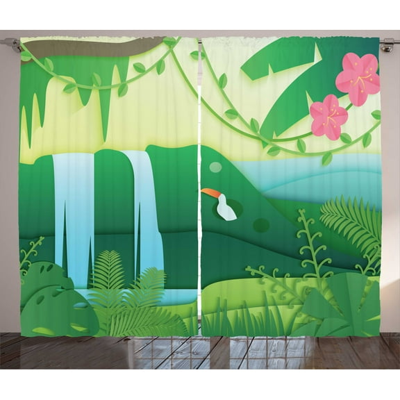 Garden Mist Curtains 2 Panels Set, Cartoon Style Tropical Rain Forest Jungle Scenery with Sweet Botany and Fauna, Window Drapes for Living Room Bedroom, 108"W X 63"L,Multicolor, by Ambesonne