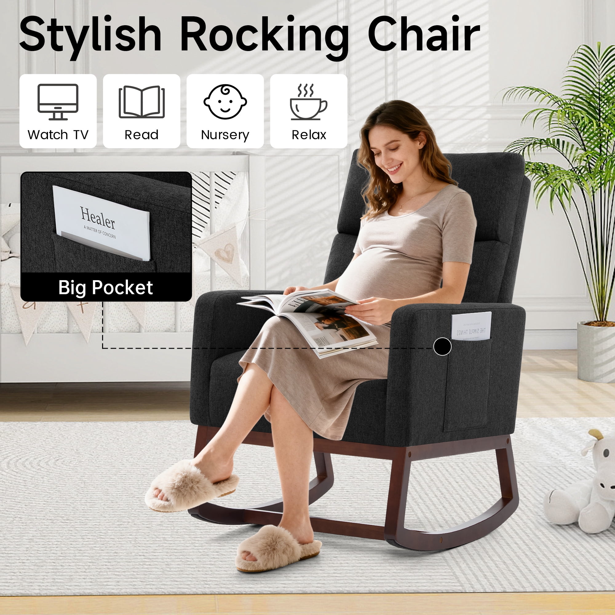 AUNEKIV Rocking Chair Nursery, Upholstered Accent Rockers, Nursing Glider Chairs for Bedroom, Black