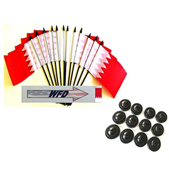 Pack of 12 4"x6" Bahrain Polyester Miniature Office Desk & Little Table Flags, 1 Dozen 4"x 6" Bahrain Small Mini Handheld Waving Stick Flags with 12 Flag Bases (Flags with Stands)