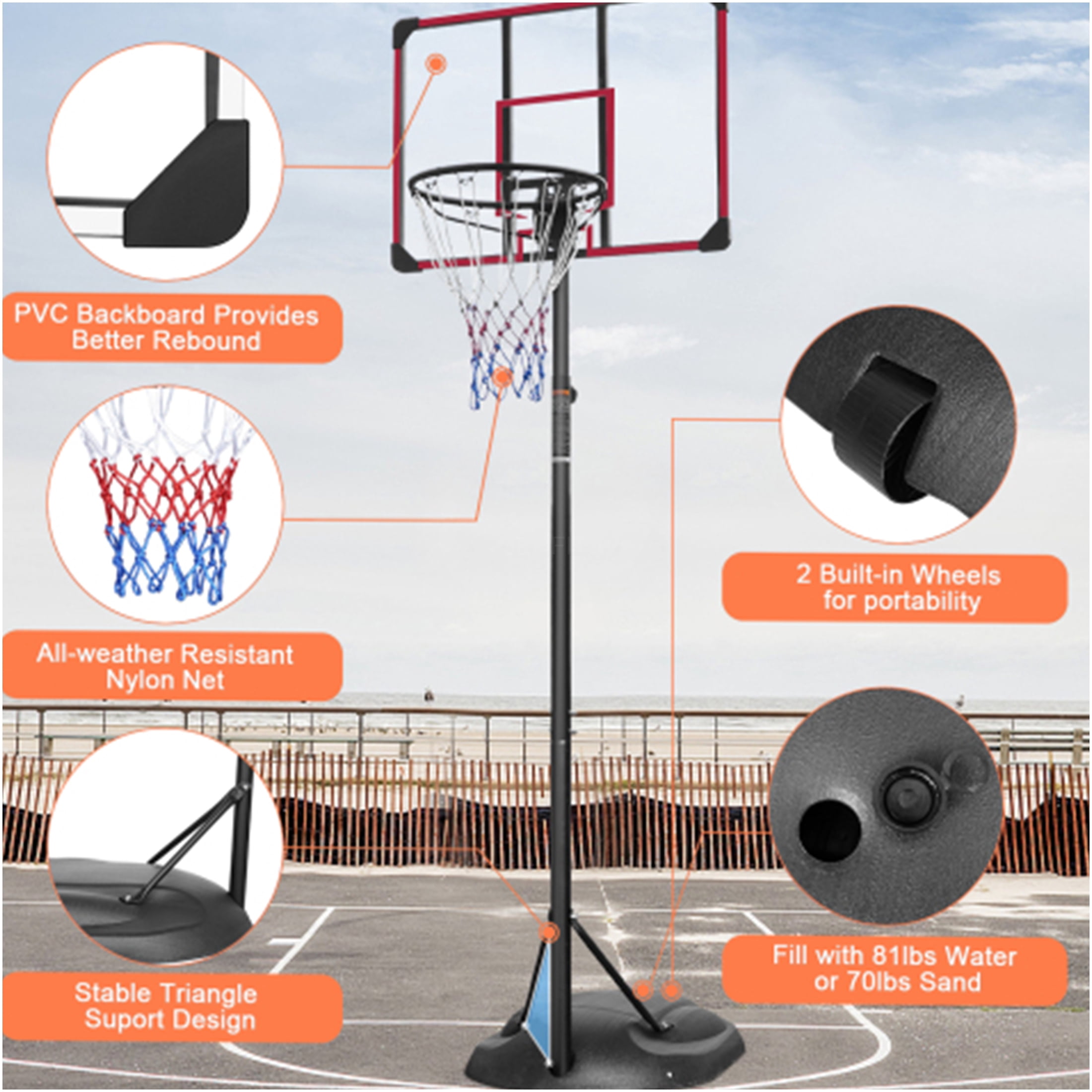 JERFIT 7.5ft-9.2ft Adjustable Basketball Hoop for Kids & Adults, Portable Indoor/Outdoor Goal System with 32" Backboard, Black/Red