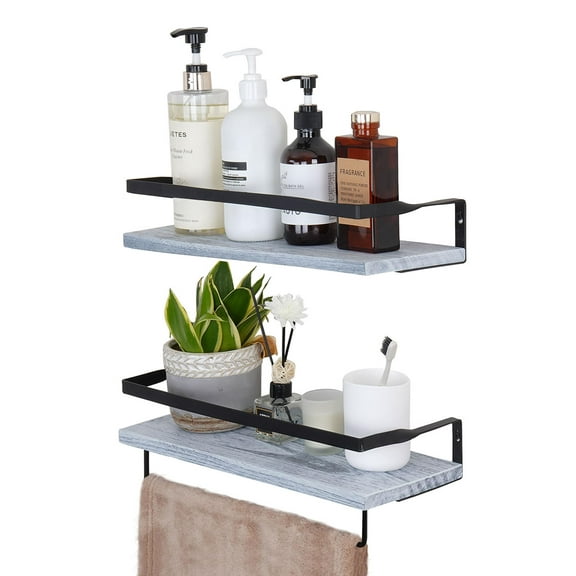 ELEVON Floating Shelves for Wall Set of 2, Rustic Hanging Storage Shelves with Towel Rack, Wall Mounted Storage Shelves for Bathroom, Kitchen, Living Room, Bedroom, Decorative Shelves Torched Wood