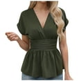 thumbnail image 2 of Pincandy Fashion Summer Women's Solid Color V-Neck Short Sleeve Shirts Top Blouse Women's Batwing Sleeve V Neck Fold Pleated Ruffle Hem Blouse Peplum Top,Army Green,XL, 2 of 4