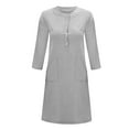 thumbnail image 4 of Robe en Lin de Coton pour Femmes Manches Mi-Longues Robe Unie Col Rond Décontractée Robe de Soirée Tenue de Détente, 4 of 5