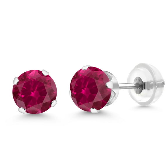Gem Stone King 14K White Gold Red Created Ruby Stud Earrings for Women Men (2.00 Ct Round Cut 6MM)