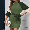 thumbnail image 4 of Women Colorblock Slim-Waist Knitted Bodycon Long Sleeve Fall Winter Casual Elegant Midi Sweater Dress Green S, 4 of 9