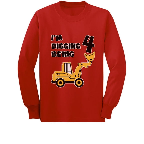 4th Birthday - Bulldozer Construction Party Toddler Toddler/Kids Long sleeve T-Shirt 5/6 Red