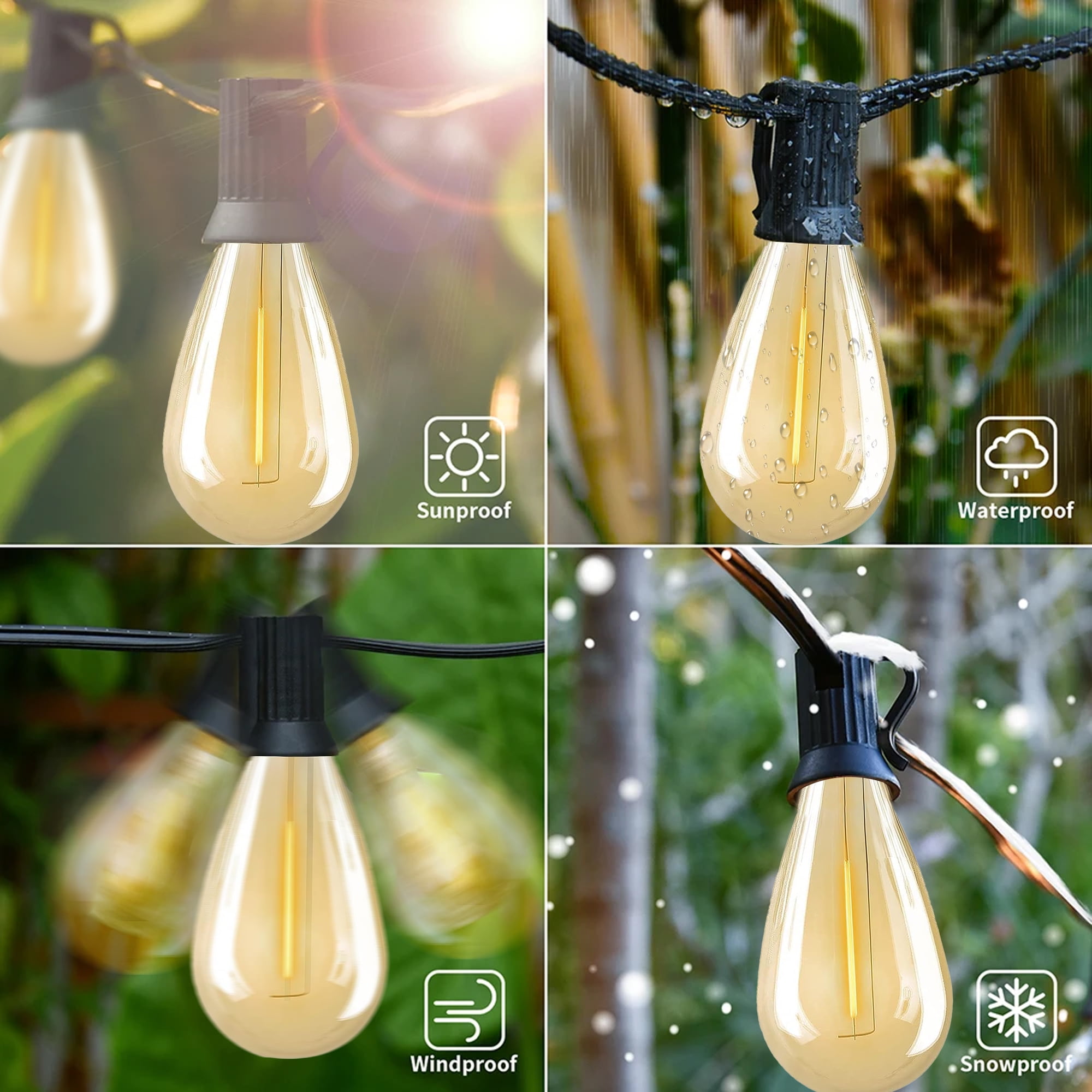 PHOPOLLO LED Outdoor String Lights S14 50ft, 25 Vintage Bulb Shatterproof, Waterproof, Connectable Hanging Lights for Yard, Patio, Deck, Garden.