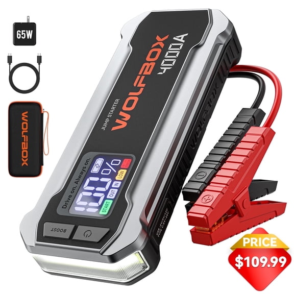 WolfBox 4000A Peak Car Jump Starter, Portable 12V Battery Pack, Quick Charging, Emergency Booster for 10L Engines