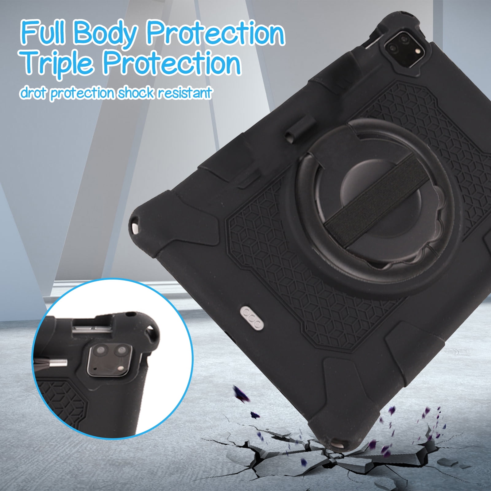 Case for Apple iPad Pro 11 5th 4th 3rd 2nd 1st Gen/ iPad Air 11 2024 M2/Air 4 5, Soft Silicone Drop Protection Rotating Kickstand with Shoulder Strap Pencil Holder Kids Friendly Lightweight, Black