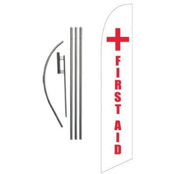 First Aid Advertising Feather Banner Swooper Flag Sign with Flag Pole Kit and Ground Stake