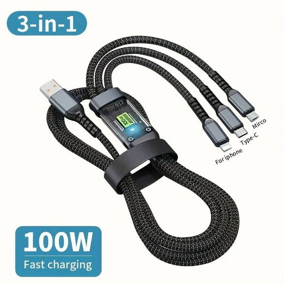 Super-Speed 100W Max 3-in-1 Fast Charging Cable, Durable & High-Performance Universal USB-C, Micro USB Android Phones, for iPhone 14/13/12/11 Pro Max/SE/X/8/7/6, for Samsung, Xiaomi & More
