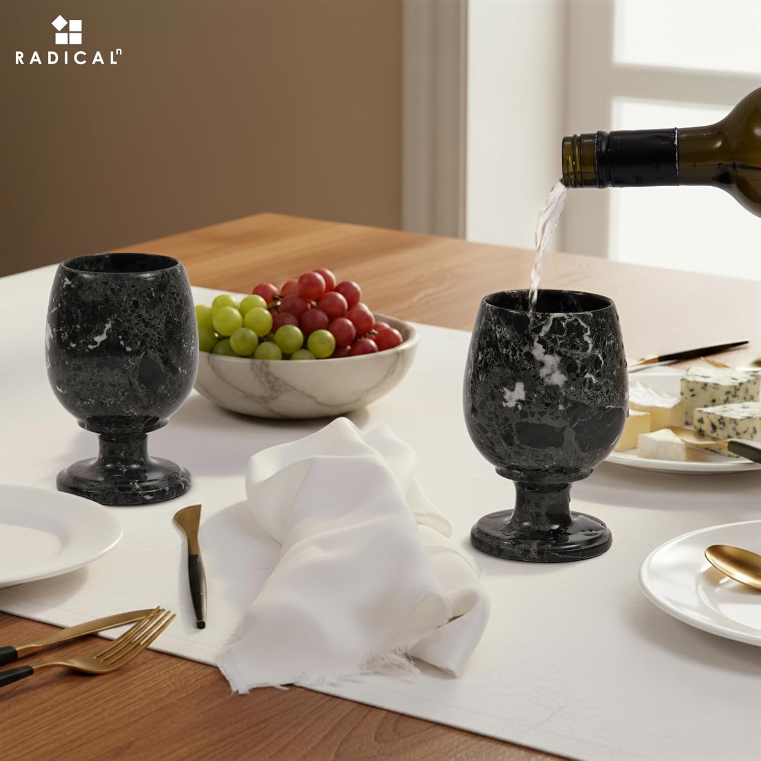 Radicaln Marble Wine Glasses Set of 2 Handmade Black 5 inch Drinking Glasses For Dining Table Decor, Ideal Red and White Wine Glassware For Home Bar