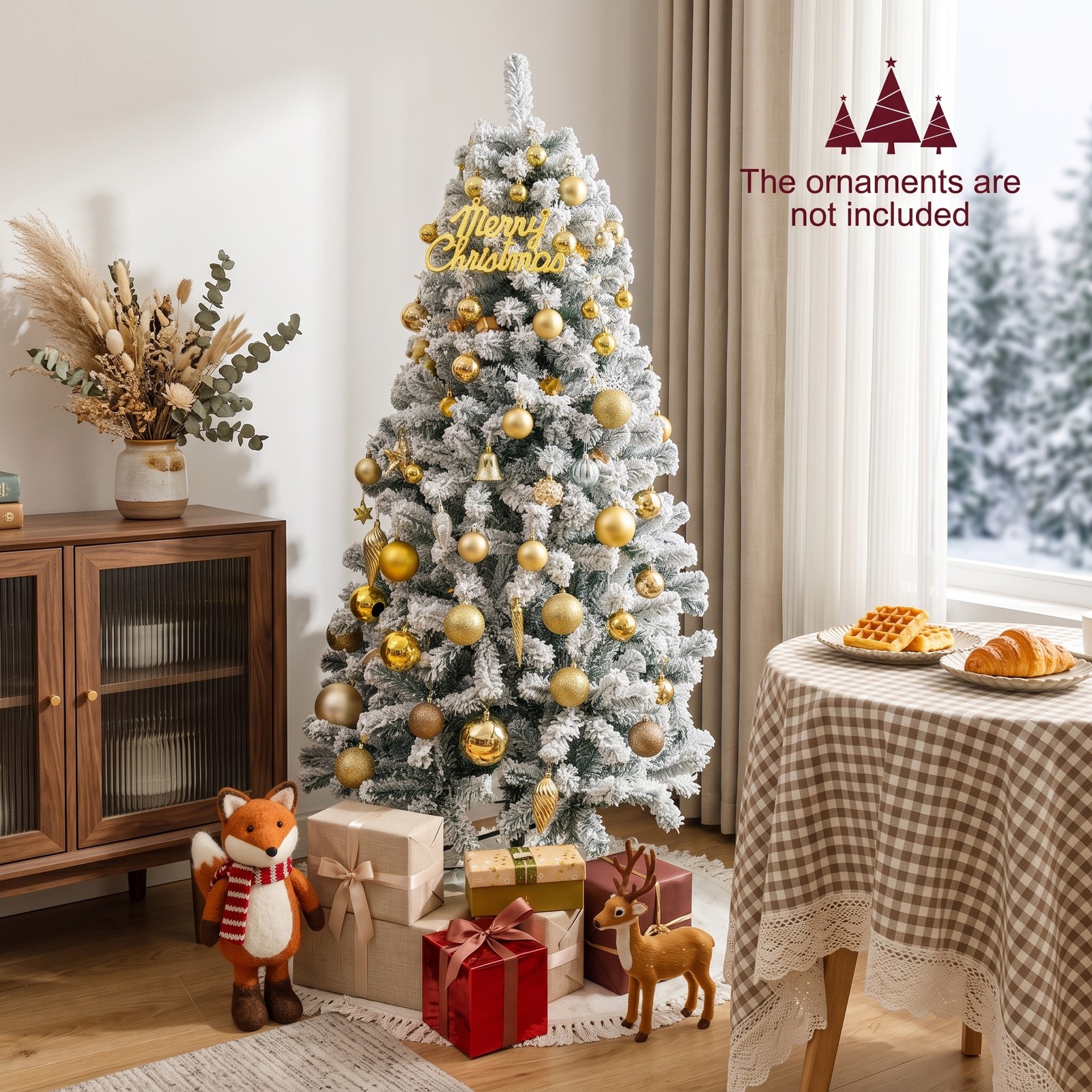 RUIE 6 FT Artificial Christmas Tree, Snow Flocked Hinged Full Xmas Tree with Metal Stand, 600 Branch Tips PVC Holiday Tree for Home Apartment Party Indoor, White